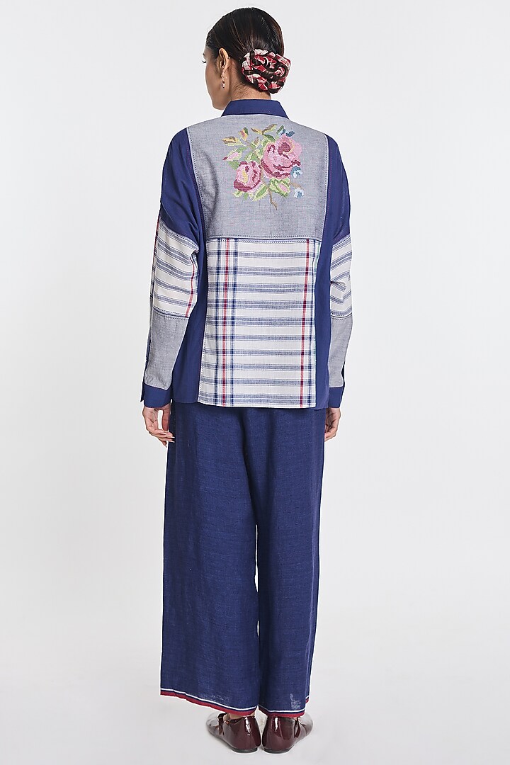 Navy Blue Handloom Cotton Patch Work Shirt by Payal Pratap at Pernia's Pop Up Shop