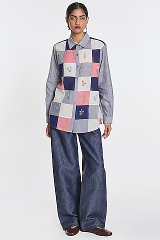 Melange Blue Handloom Cotton Patch Work Shirt by Payal Pratap