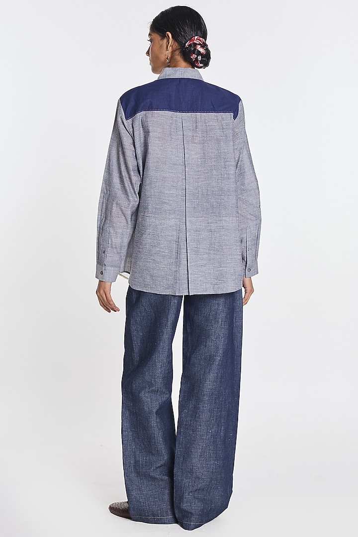 Melange Blue Handloom Cotton Patch Work Shirt by Payal Pratap at Pernia's Pop Up Shop