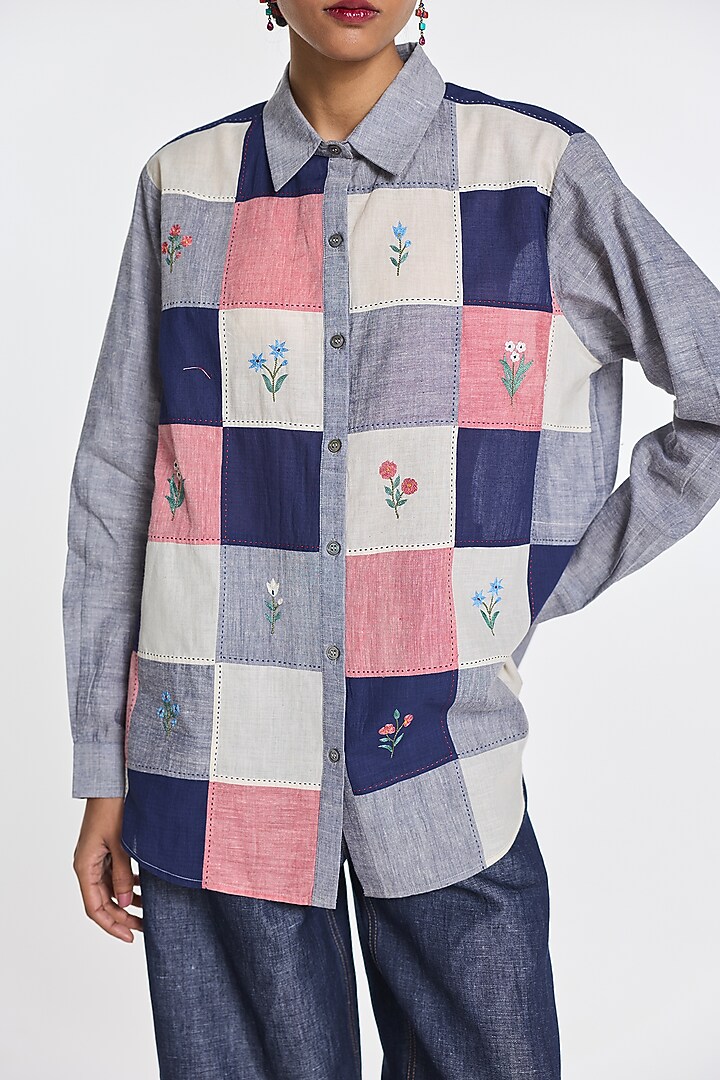 Melange Blue Handloom Cotton Patch Work Shirt by Payal Pratap at Pernia's Pop Up Shop