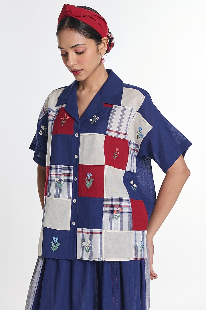 Navy Blue Handloom Cotton Patch Work Shirt by Payal Pratap at Pernia's Pop Up Shop