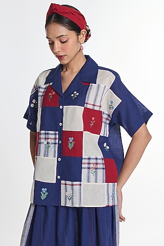 Navy Blue Handloom Cotton Patch Work Shirt by Payal Pratap