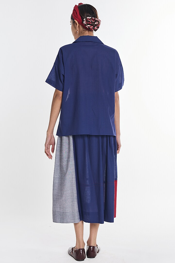 Navy Blue Handloom Cotton Patch Work Shirt by Payal Pratap at Pernia's Pop Up Shop