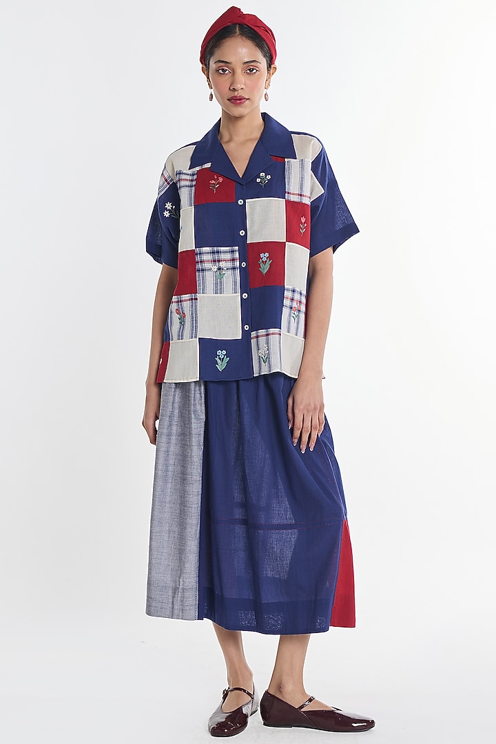 Navy Blue Handloom Cotton Patch Work Shirt by Payal Pratap at Pernia's Pop Up Shop