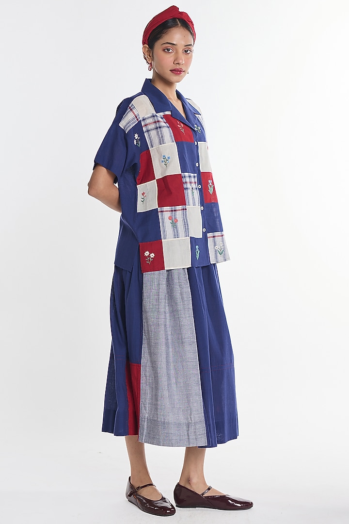 Navy Blue Handloom Cotton Patch Work Shirt by Payal Pratap at Pernia's Pop Up Shop