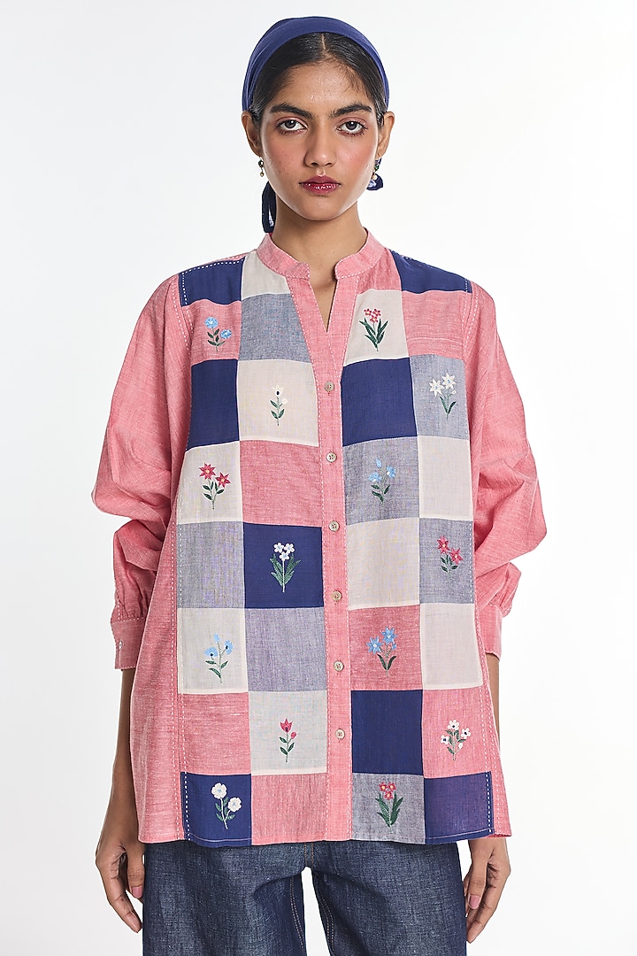 Salmon Pink Handloom Cotton Patch Work Shirt by Payal Pratap at Pernia's Pop Up Shop