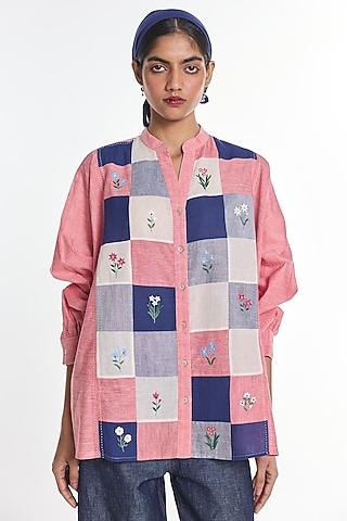 Salmon Pink Handloom Cotton Patch Work Shirt by Payal Pratap