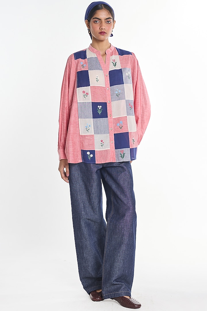 Salmon Pink Handloom Cotton Patch Work Shirt by Payal Pratap at Pernia's Pop Up Shop