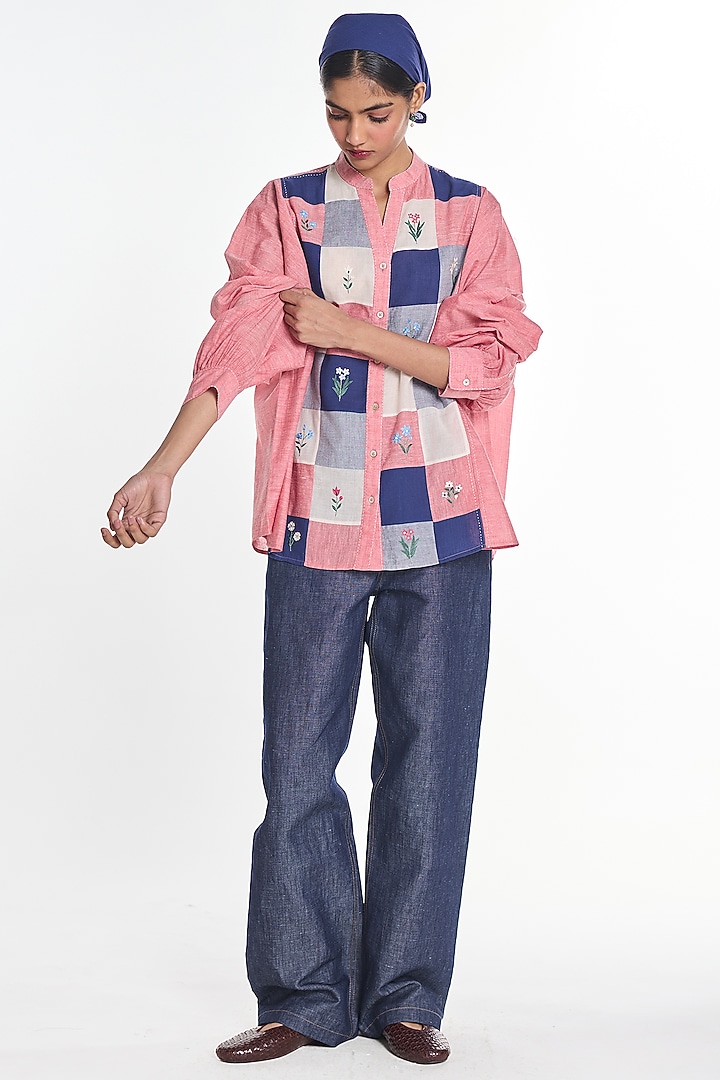Salmon Pink Handloom Cotton Patch Work Shirt by Payal Pratap at Pernia's Pop Up Shop