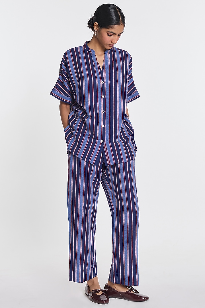 Indigo Blue Cotton Linen Striped Pants by Payal Pratap at Pernia's Pop Up Shop
