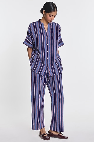 Indigo Blue Cotton Linen Striped Pants by Payal Pratap
