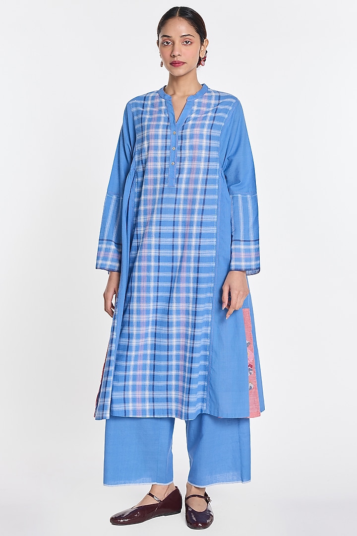 Blue Handloom Cotton Floral Embroidered Tunic by Payal Pratap at Pernia's Pop Up Shop