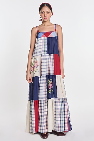 Multi-Colored Handloom Cotton Embroidered & Patchwork Maxi Dress by Payal Pratap