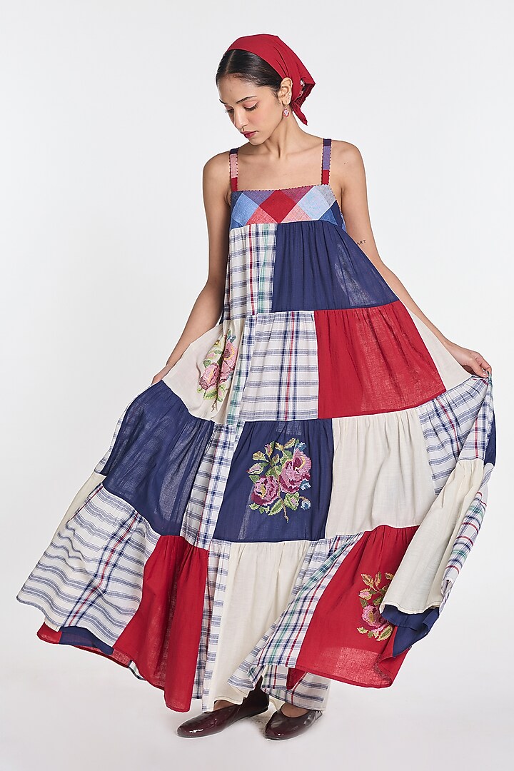 Multi-Colored Handloom Cotton Embroidered & Patchwork Maxi Vacation Dress by Payal Pratap at Pernia's Pop Up Shop