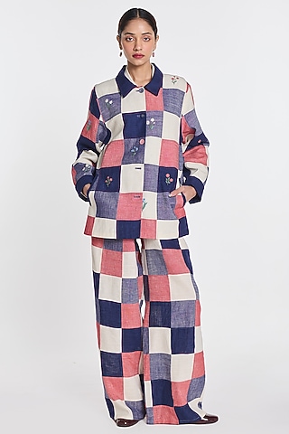 Multi-Colored Linen Checkered Patchwork Wide-Leg Pants by Payal Pratap