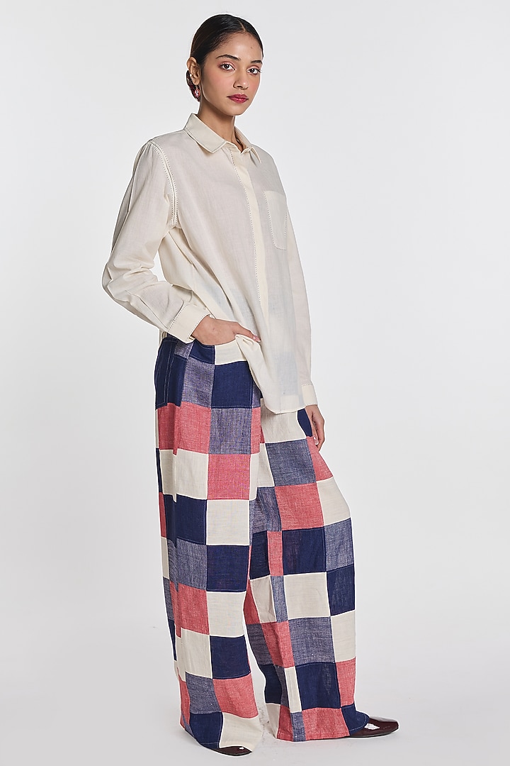 Multi-Colored Linen Checkered Patchwork Wide-Leg Pants by Payal Pratap at Pernia's Pop Up Shop