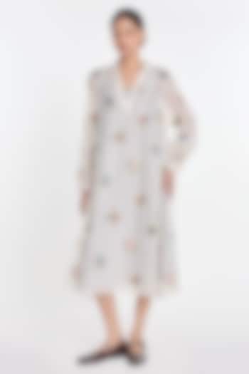 Ivory Cotton Silk Floral Embroidered Sheer Cocktail Dress by Payal Pratap at Pernia's Pop Up Shop