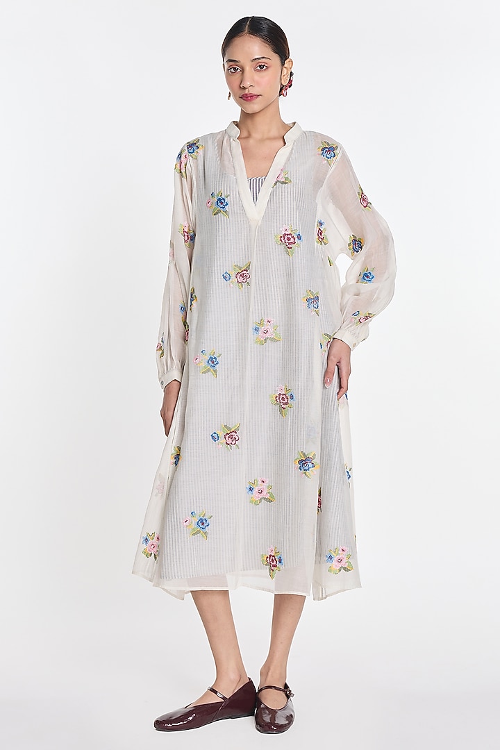 Ivory Cotton Silk Floral Embroidered Sheer Cocktail Dress by Payal Pratap at Pernia's Pop Up Shop