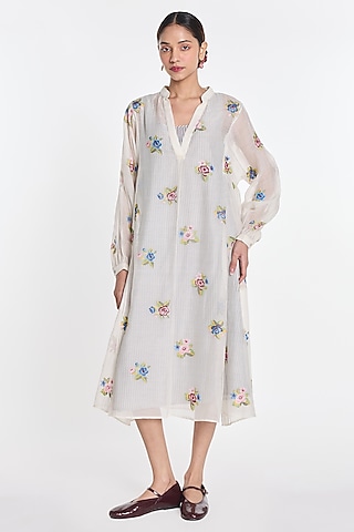 Ivory Cotton Silk Floral Embroidered Sheer Dress by Payal Pratap