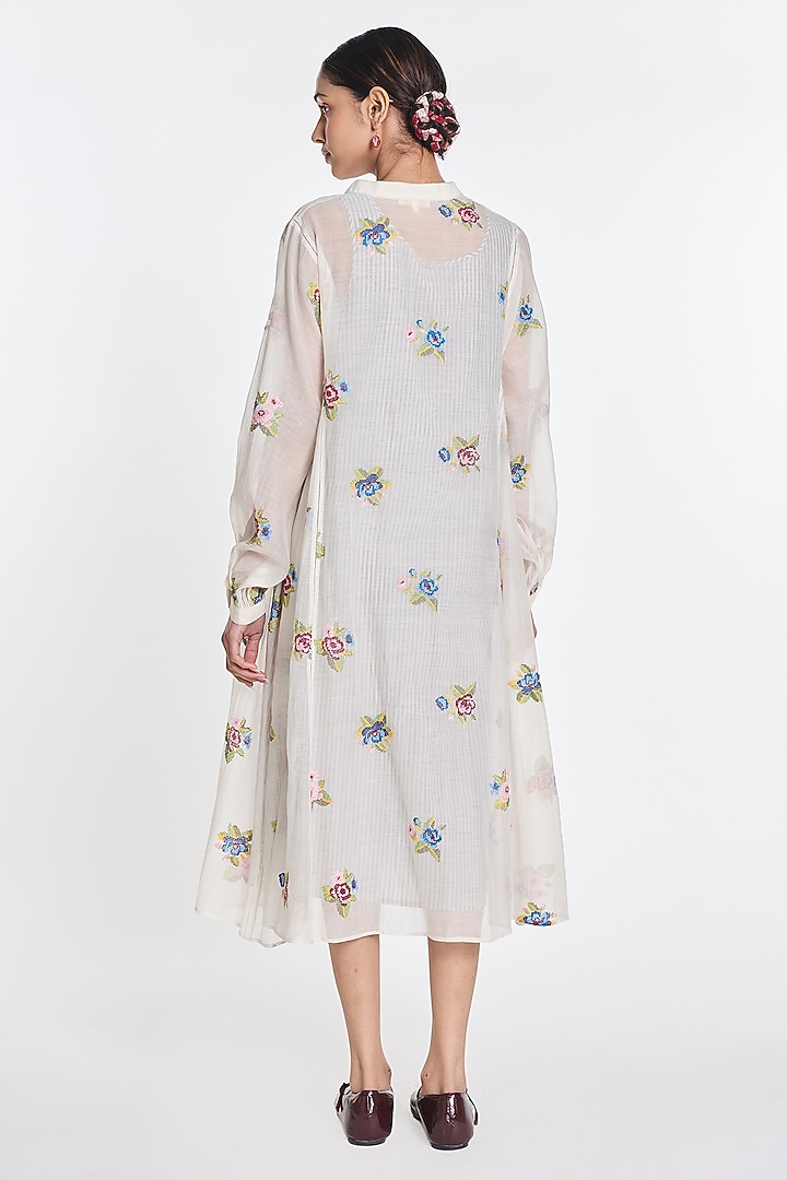 Ivory Cotton Silk Floral Embroidered Sheer Cocktail Dress by Payal Pratap at Pernia's Pop Up Shop