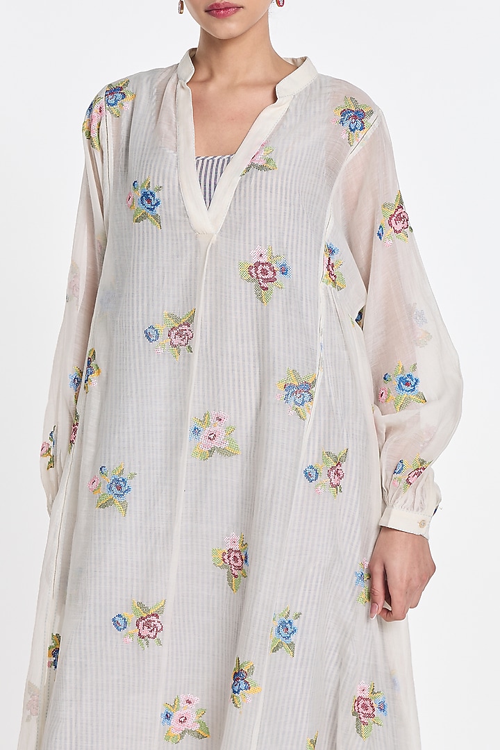 Ivory Cotton Silk Floral Embroidered Sheer Cocktail Dress by Payal Pratap at Pernia's Pop Up Shop