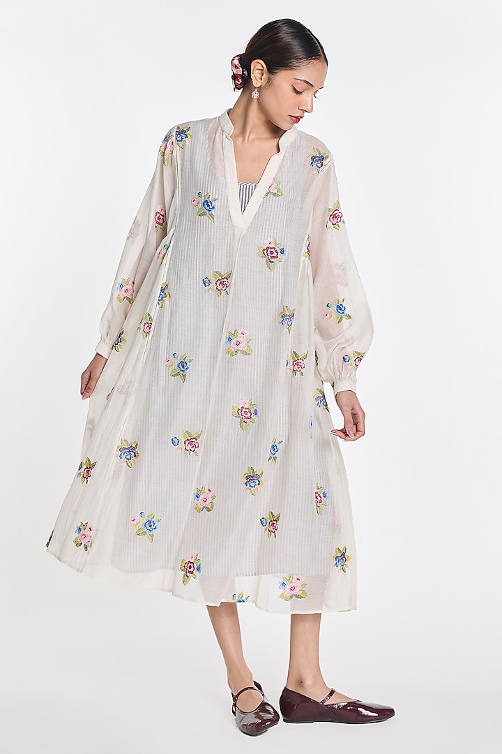 Ivory Cotton Silk Floral Embroidered Sheer Cocktail Dress by Payal Pratap at Pernia's Pop Up Shop