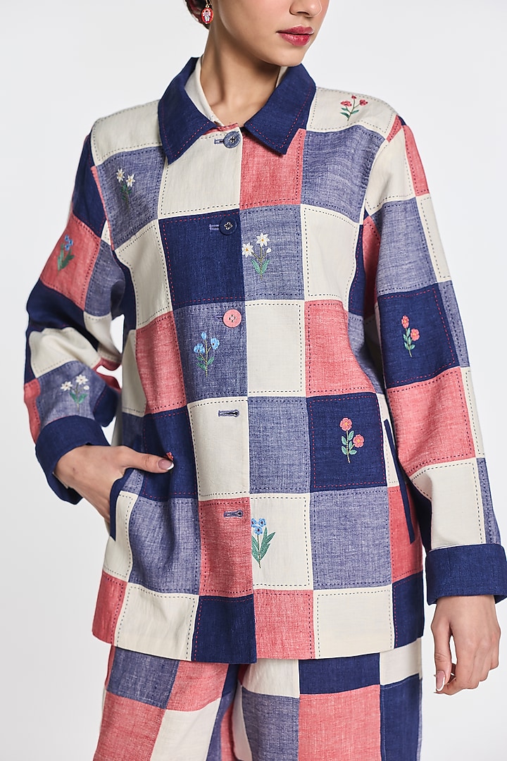Multi-Colored Linen Patchwork & Embroidered Jacket by Payal Pratap at Pernia's Pop Up Shop