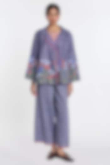 Melange Blue Cotton Linen Floral Embroidered Jacket by Payal Pratap at Pernia's Pop Up Shop