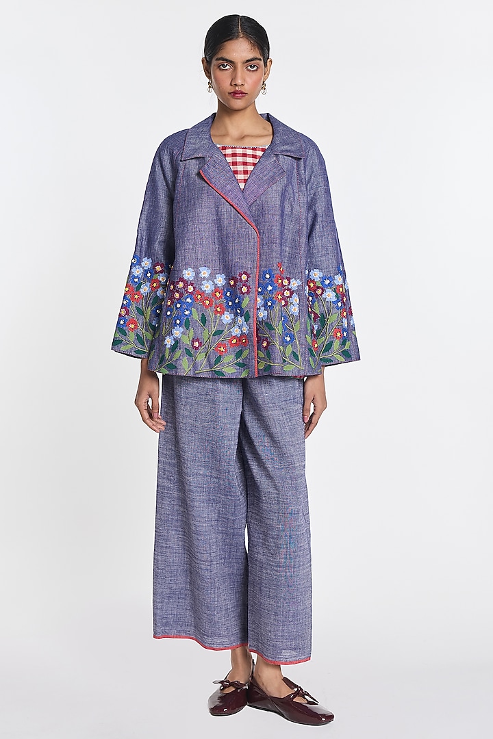Melange Blue Cotton Linen Floral Embroidered Jacket by Payal Pratap at Pernia's Pop Up Shop