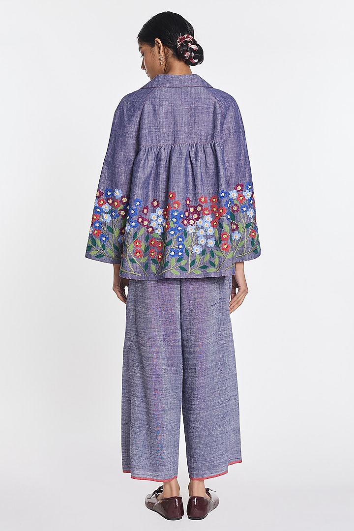 Melange Blue Cotton Linen Floral Embroidered Jacket by Payal Pratap at Pernia's Pop Up Shop