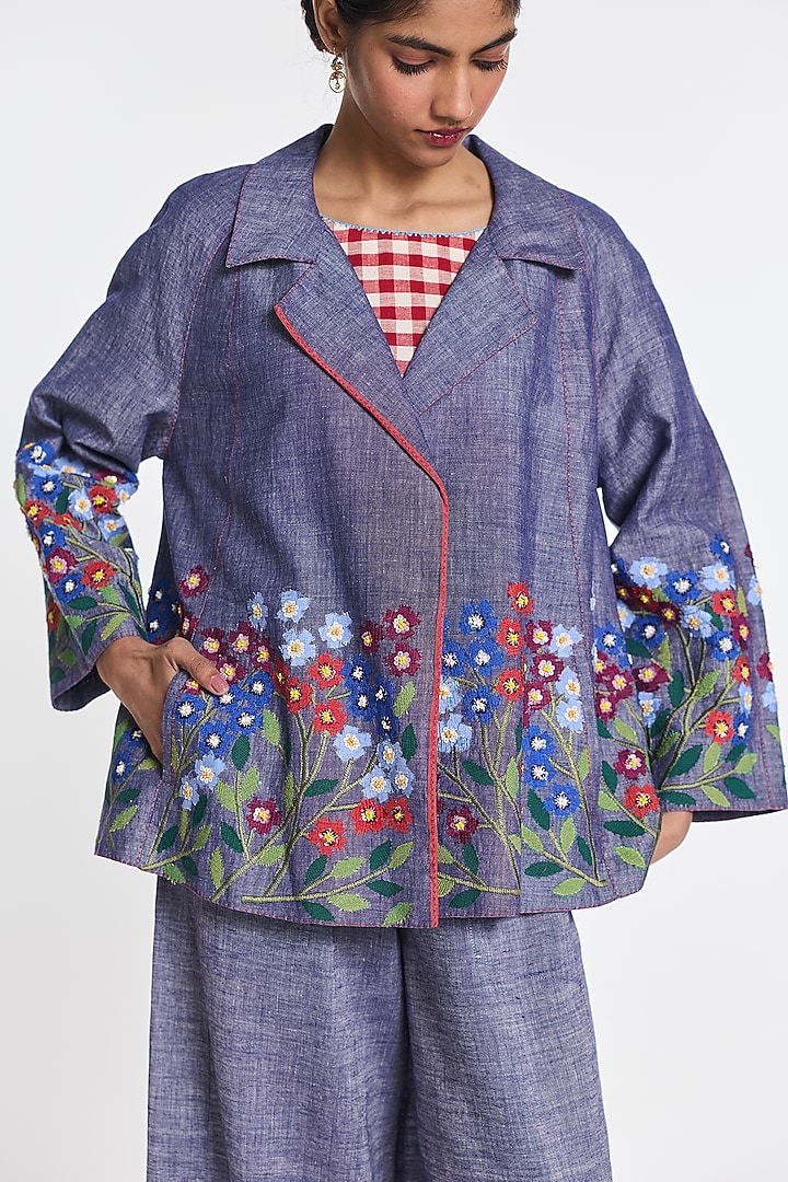 Melange Blue Cotton Linen Floral Embroidered Jacket by Payal Pratap at Pernia's Pop Up Shop