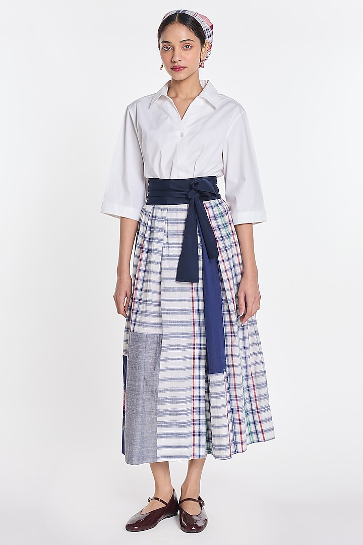 White Poplin & Handloom Cotton Checkered Wrap Vacation Dress by Payal Pratap at Pernia's Pop Up Shop