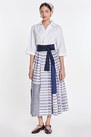 White Poplin & Handloom Cotton Checkered Wrap Dress by Payal Pratap