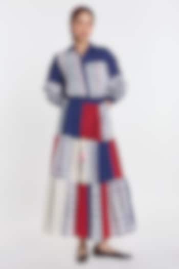 Multi-Colored Handloom Cotton Patchwork & Floral Embroidered Tiered Vacation Dress by Payal Pratap at Pernia's Pop Up Shop
