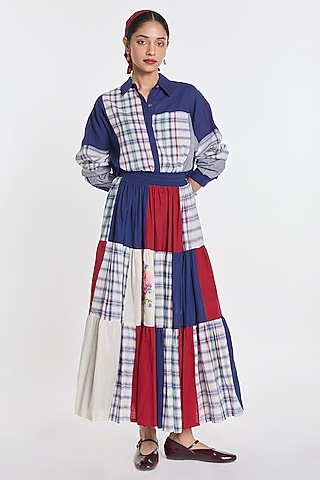 Multi-Colored Handloom Cotton Patchwork & Floral Embroidered Tiered Dress by Payal Pratap