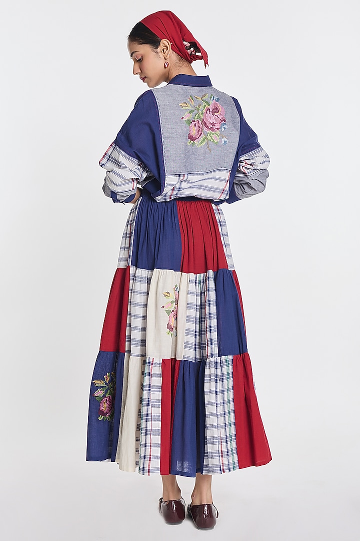 Multi-Colored Handloom Cotton Patchwork & Floral Embroidered Tiered Vacation Dress by Payal Pratap at Pernia's Pop Up Shop