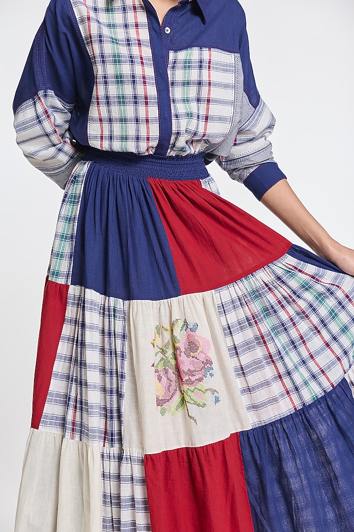 Multi-Colored Handloom Cotton Patchwork & Floral Embroidered Tiered Vacation Dress by Payal Pratap at Pernia's Pop Up Shop