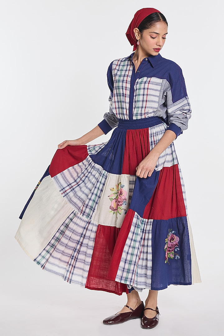 Multi-Colored Handloom Cotton Patchwork & Floral Embroidered Tiered Vacation Dress by Payal Pratap at Pernia's Pop Up Shop