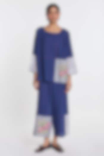 Indigo Blue Handloom Cotton Floral Embroidered Wide-Leg Pants by Payal Pratap at Pernia's Pop Up Shop
