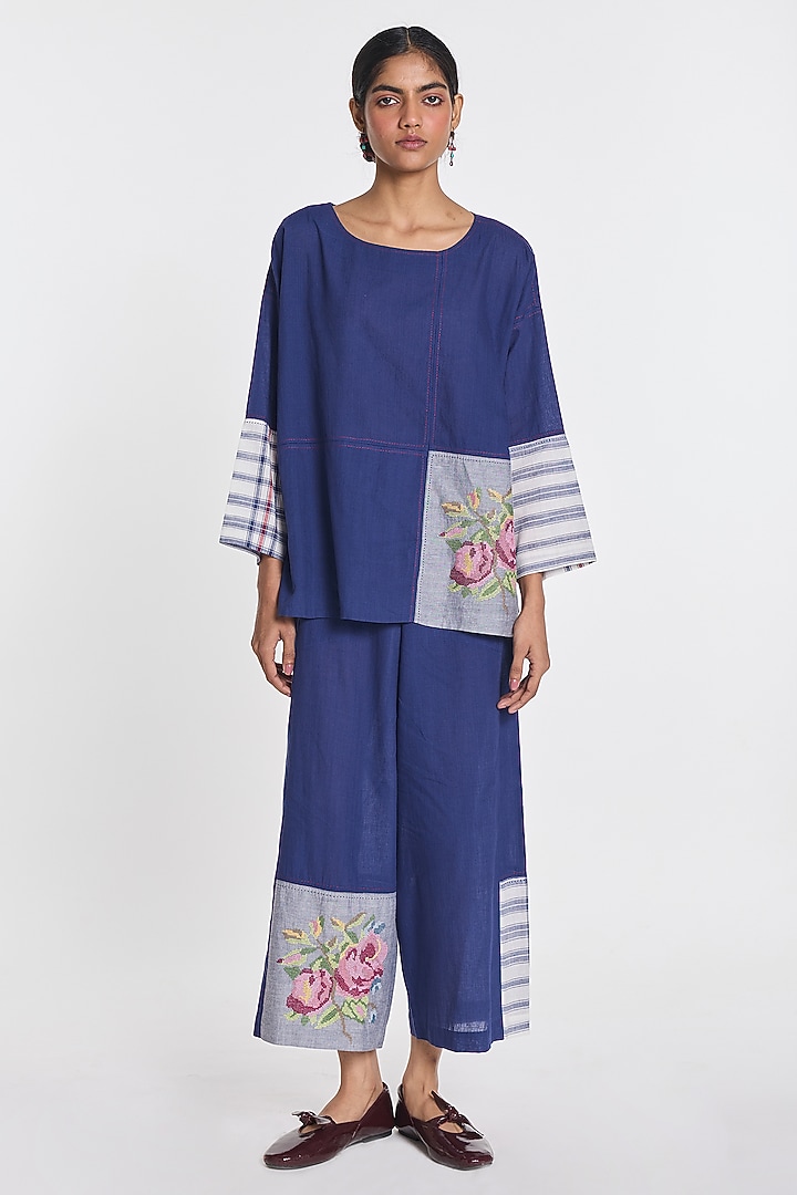 Indigo Blue Handloom Cotton Floral Embroidered Wide-Leg Pants by Payal Pratap at Pernia's Pop Up Shop