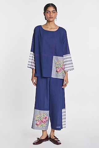 Indigo Blue Handloom Cotton Floral Embroidered Wide-Leg Pants by Payal Pratap
