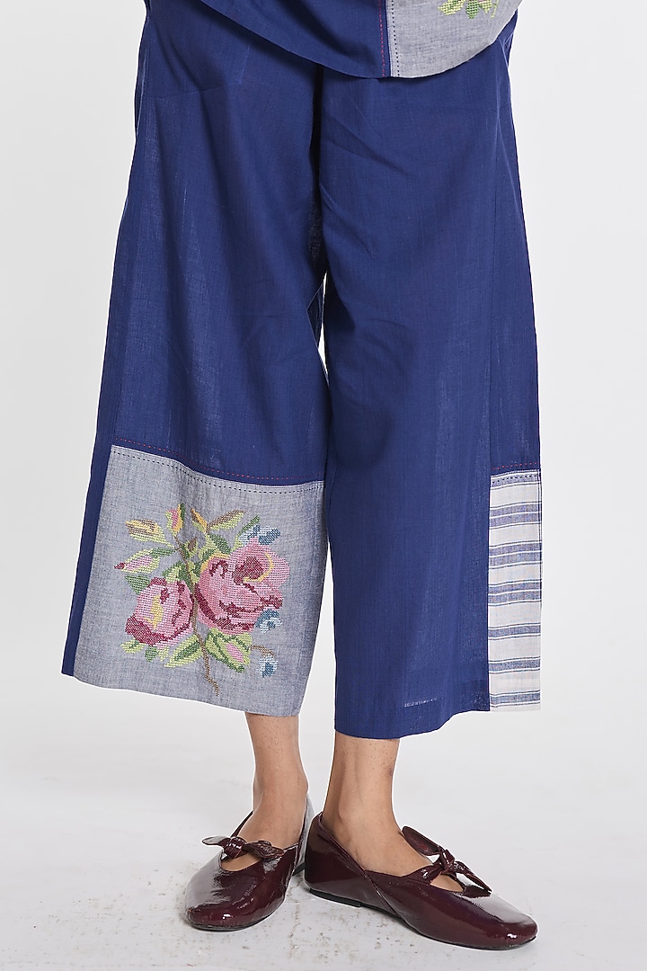 Indigo Blue Handloom Cotton Floral Embroidered Wide-Leg Pants by Payal Pratap at Pernia's Pop Up Shop