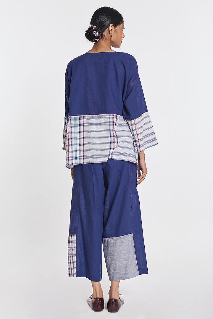 Indigo Blue Handloom Cotton Floral Embroidered Wide-Leg Pants by Payal Pratap at Pernia's Pop Up Shop