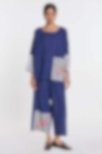 Indigo Blue Handloom Cotton Floral Embroidered Top by Payal Pratap at Pernia's Pop Up Shop
