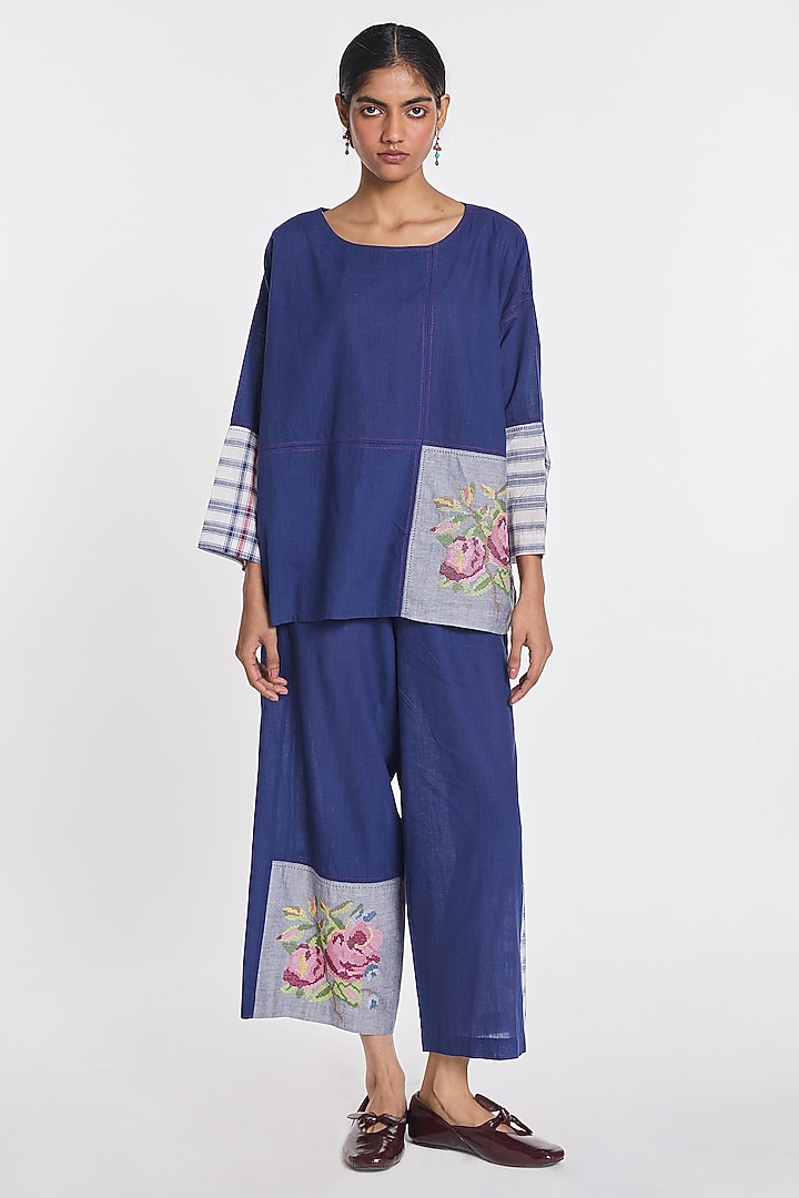 Indigo Blue Handloom Cotton Floral Embroidered Top by Payal Pratap at Pernia's Pop Up Shop