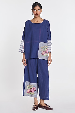 Indigo Blue Handloom Cotton Floral Embroidered Top by Payal Pratap