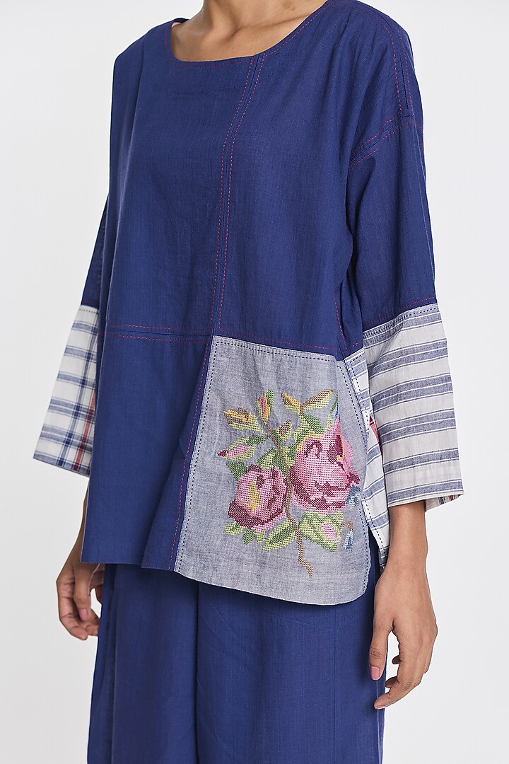 Indigo Blue Handloom Cotton Floral Embroidered Top by Payal Pratap at Pernia's Pop Up Shop