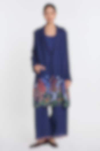 Indigo Blue Linen Floral Embroidered Jacket by Payal Pratap at Pernia's Pop Up Shop
