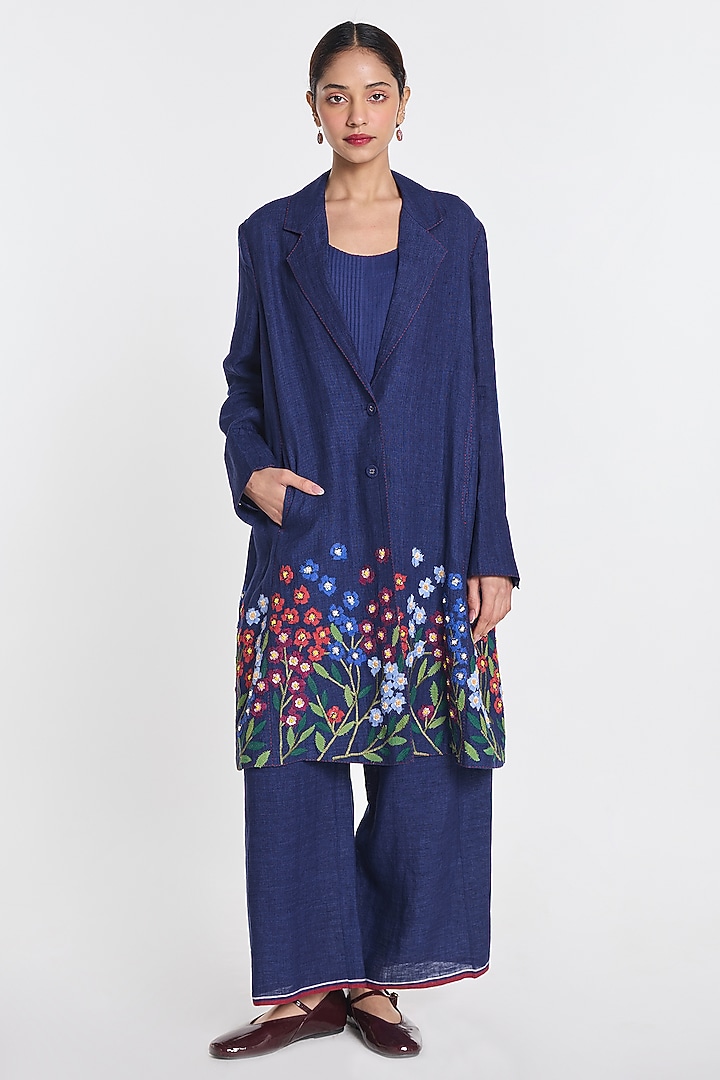 Indigo Blue Linen Floral Embroidered Jacket by Payal Pratap at Pernia's Pop Up Shop