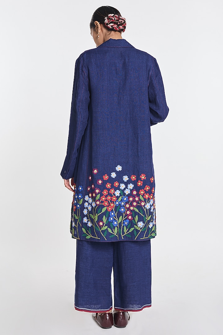 Indigo Blue Linen Floral Embroidered Jacket by Payal Pratap at Pernia's Pop Up Shop